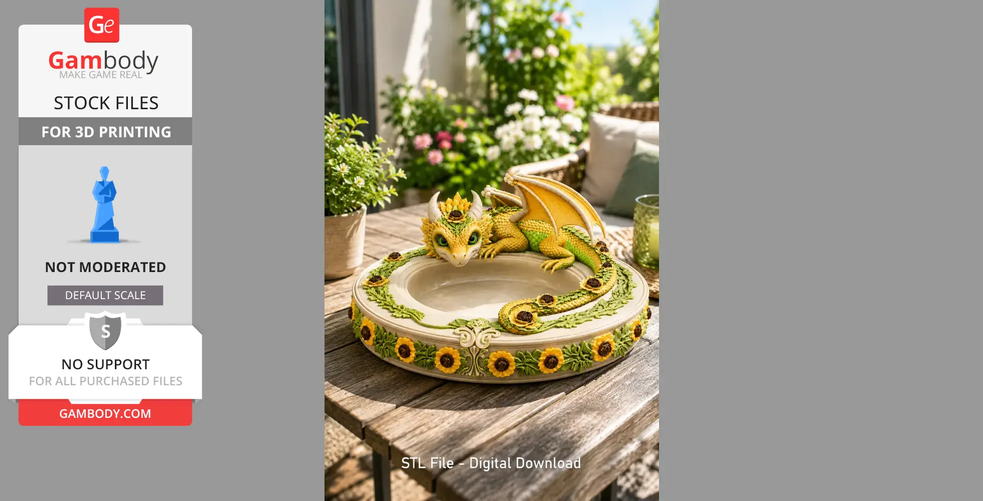 A decorative bowl with a sunflower pattern and a small, green dragon perched on the edge.