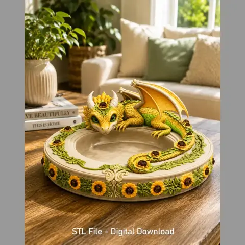 A decorative bowl with a sunflower motif features a small, detailed dragon perched on its edge.
