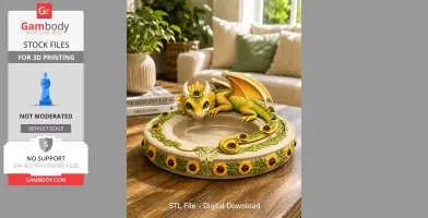 A decorative bowl with sunflower designs and a small dragon perched on its edge.