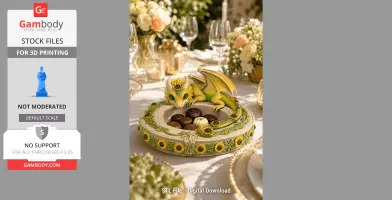 A decorative bowl featuring a small green dragon atop sunflower designs, filled with chocolates.