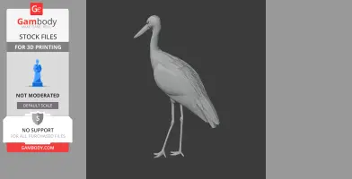 A 3D model of a stork with detailed feathers and slender legs, suitable for 3D printing.