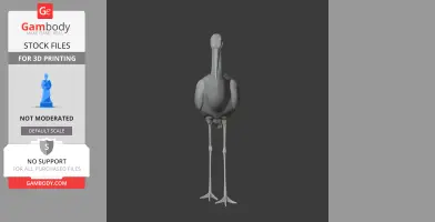 Gray 3D model of a stork with long legs and beak, front view, for 3D printing.