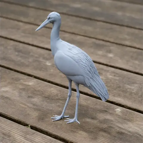 A detailed 3D model of a prehistoric stork stands on a wooden surface.