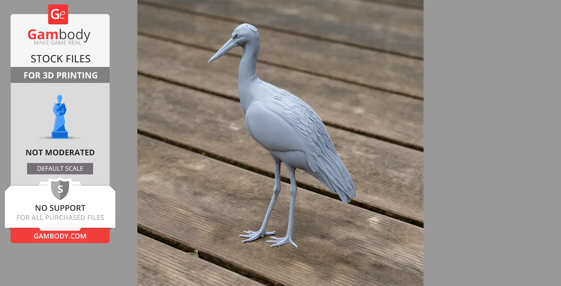 A 3D model of a prehistoric stork standing on wooden planks, designed for 3D printing.