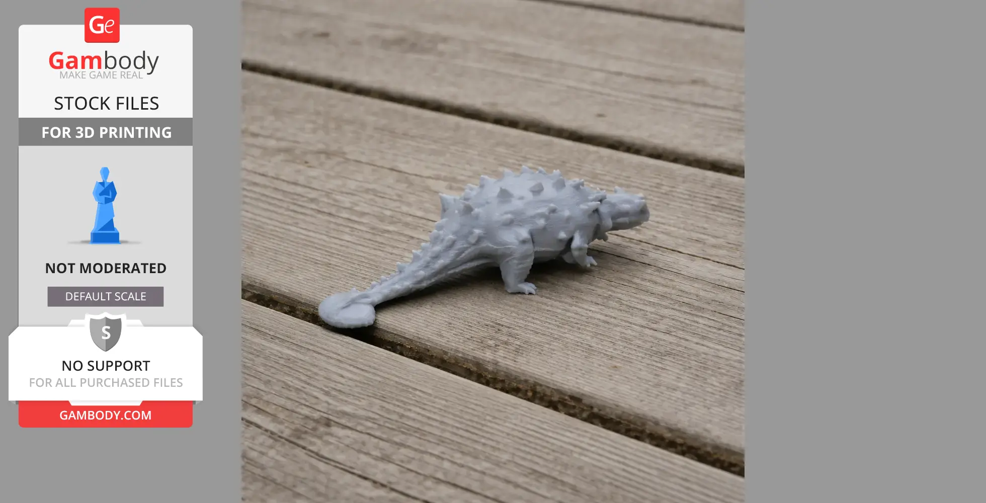 A small, spiky 3D-printed dinosaur model on a wooden surface.