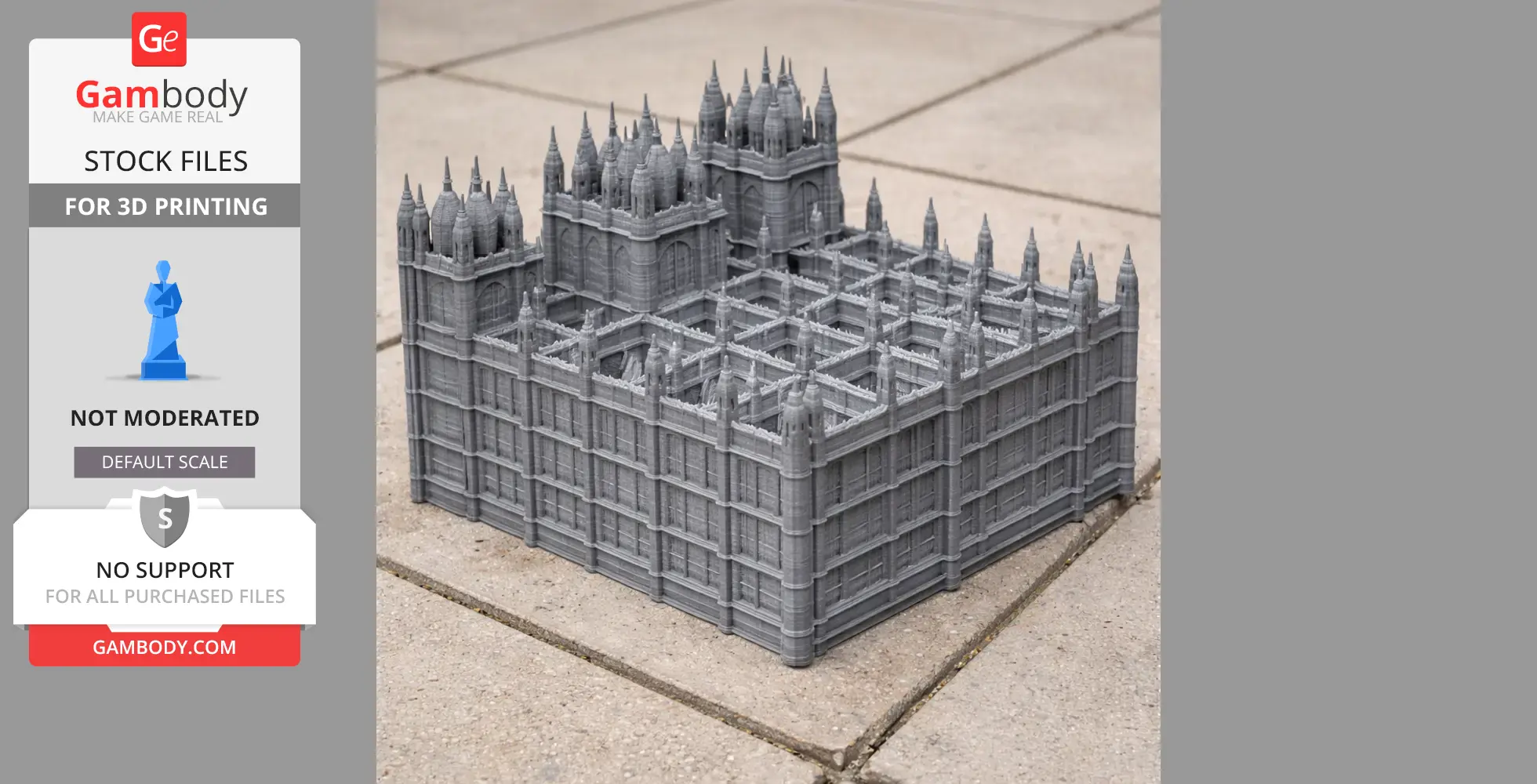 A detailed 3D-printed model of Gothic Revival architecture on a tiled surface.