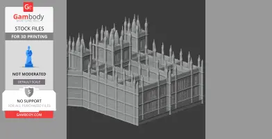 A detailed 3D model of Gothic Revival architecture with ornate spires and intricate window patterns.