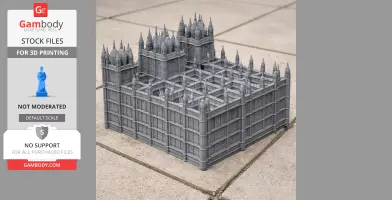 A detailed 3D-printed model of Gothic Revival architecture on a tiled surface.
