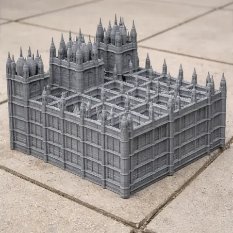 3D printed Gothic Revival building model with intricate spires and detailed façade.