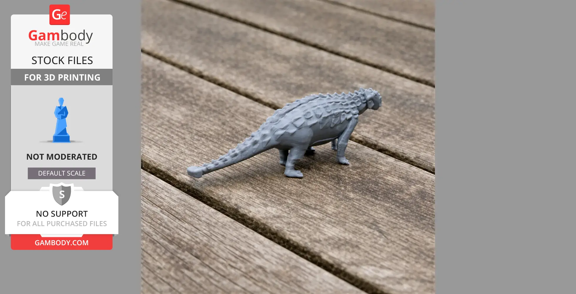 Gray 3D-printed model of a Tianzhenosaurus on wooden planks.
