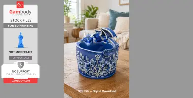 Blue dragon perched on an ornate bowl with floral patterns, designed for 3D printing.