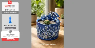 Blue dragon-shaped bowl with ornate floral patterns, holding a small cactus.