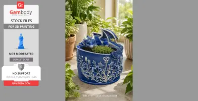 A blue dragon figurine perched on a detailed floral-patterned bowl, surrounded by plants.