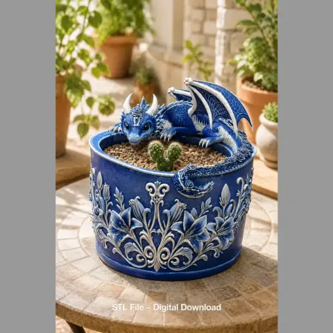 Blue dragon perched on an ornate floral-patterned bowl, with plants inside.