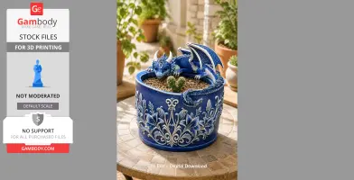 A detailed blue dragon perched on an ornate floral-embossed bowl, holding a cactus plant inside.