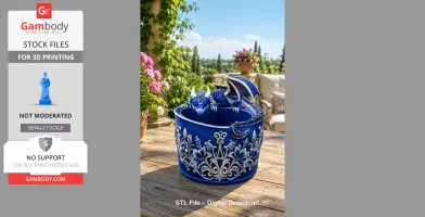 Blue dragon perched on an ornate bowl, surrounded by floral patterns. Perfect for 3D printing.