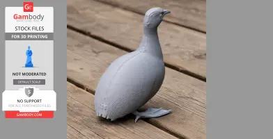 Gray 3D-printed tinamou bird model on wooden surface, side view.
