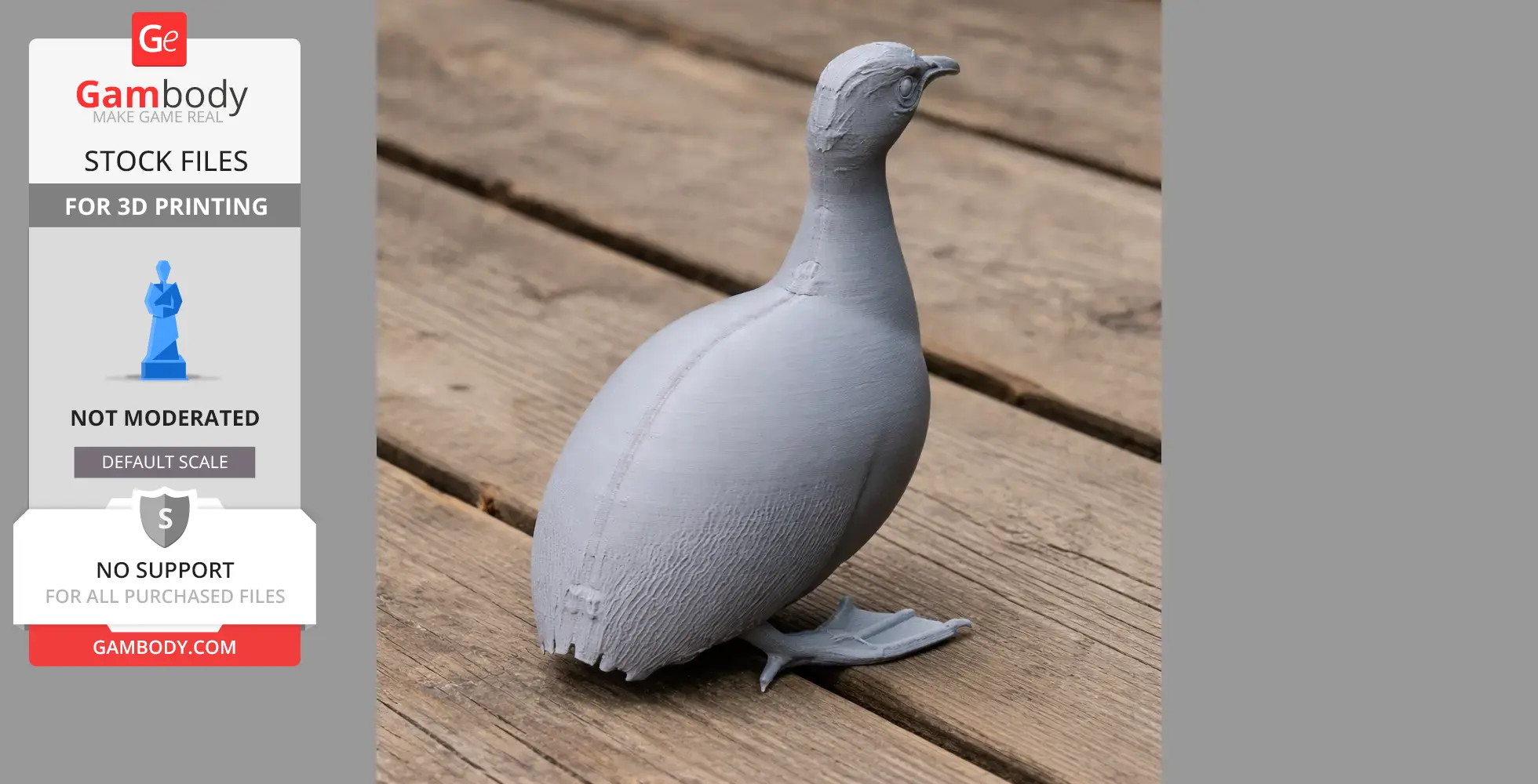 Gray 3D-printed tinamou bird model on wooden surface, side view.