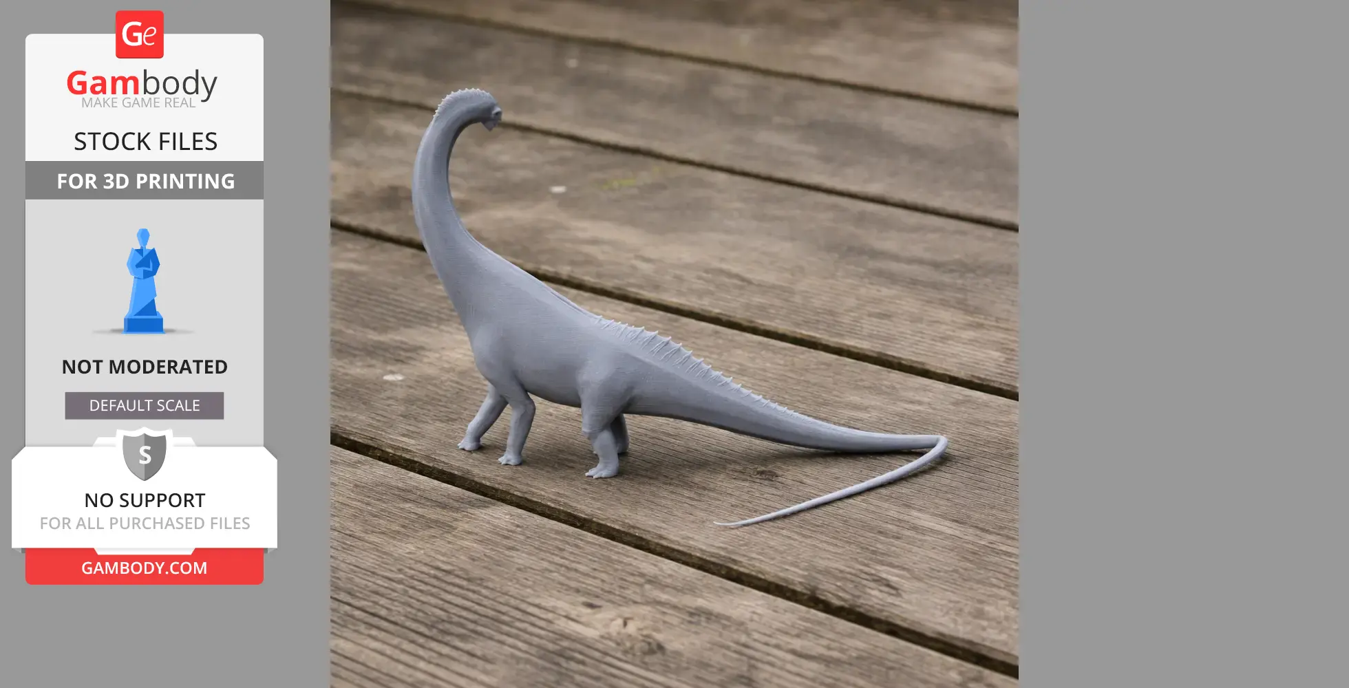 Gray 3D-printed model of a Titanosaurus standing on a wooden surface.