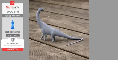 Gray 3D-printed model of a Titanosaurus standing on a wooden surface.