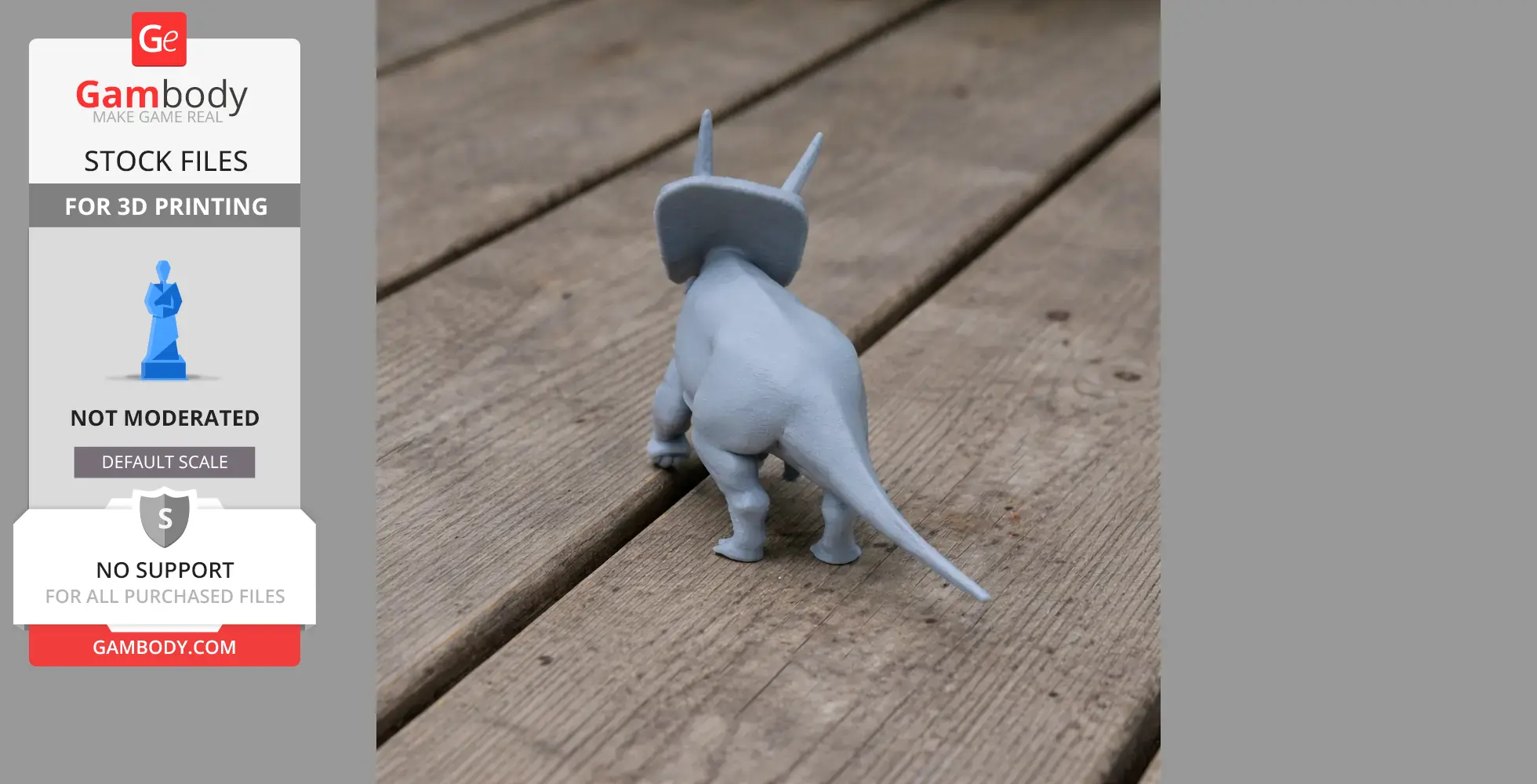 Gray 3D-printed Torosaurus model on a wooden surface, showcasing its back and horns.