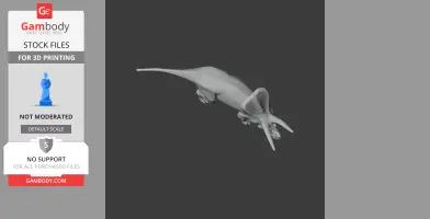 Gray 3D model of a Torosaurus dinosaur, designed for 3D printing, on a dark background.