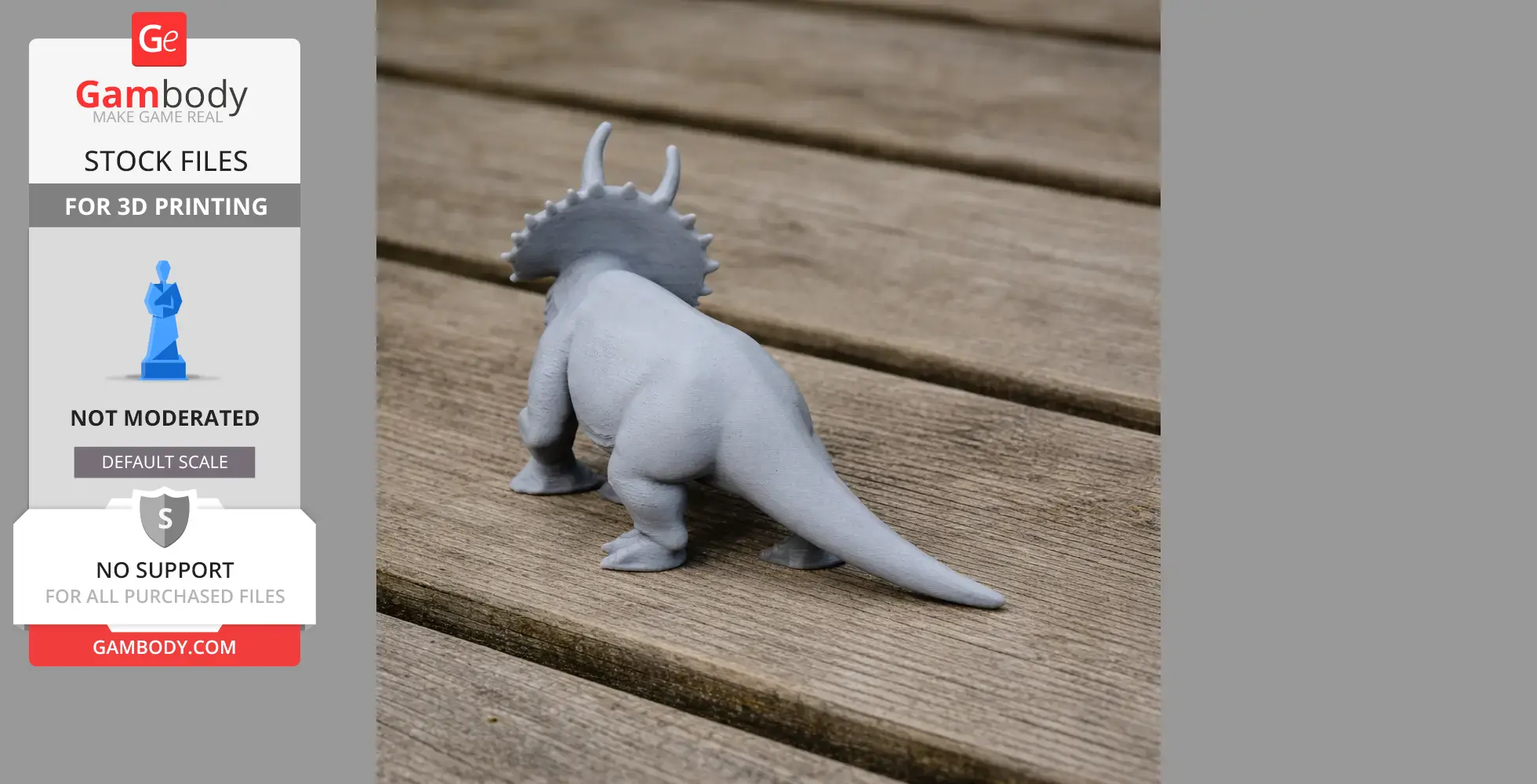 3D printed triceratops model on a wooden surface, viewed from behind.