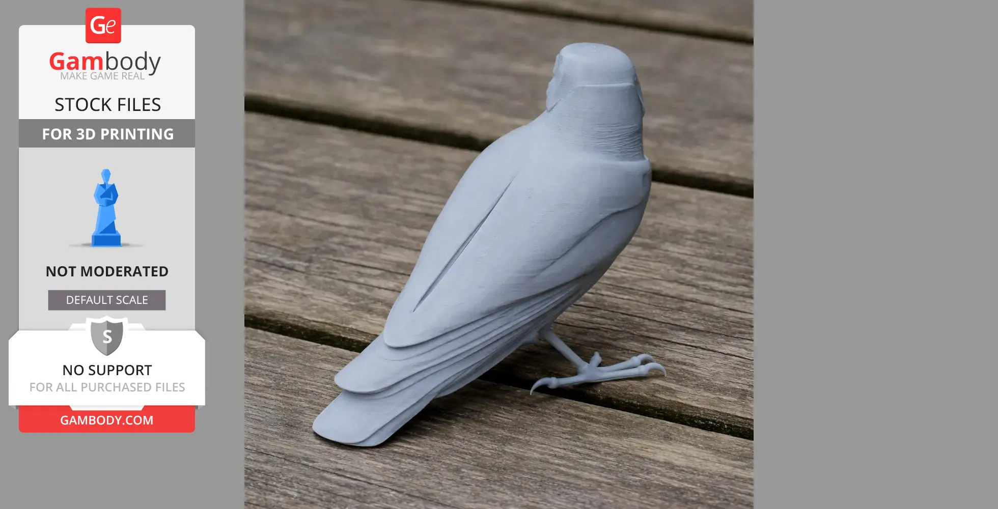 Gray 3D-printed model of a bird with detailed feathers, standing on wooden surface.