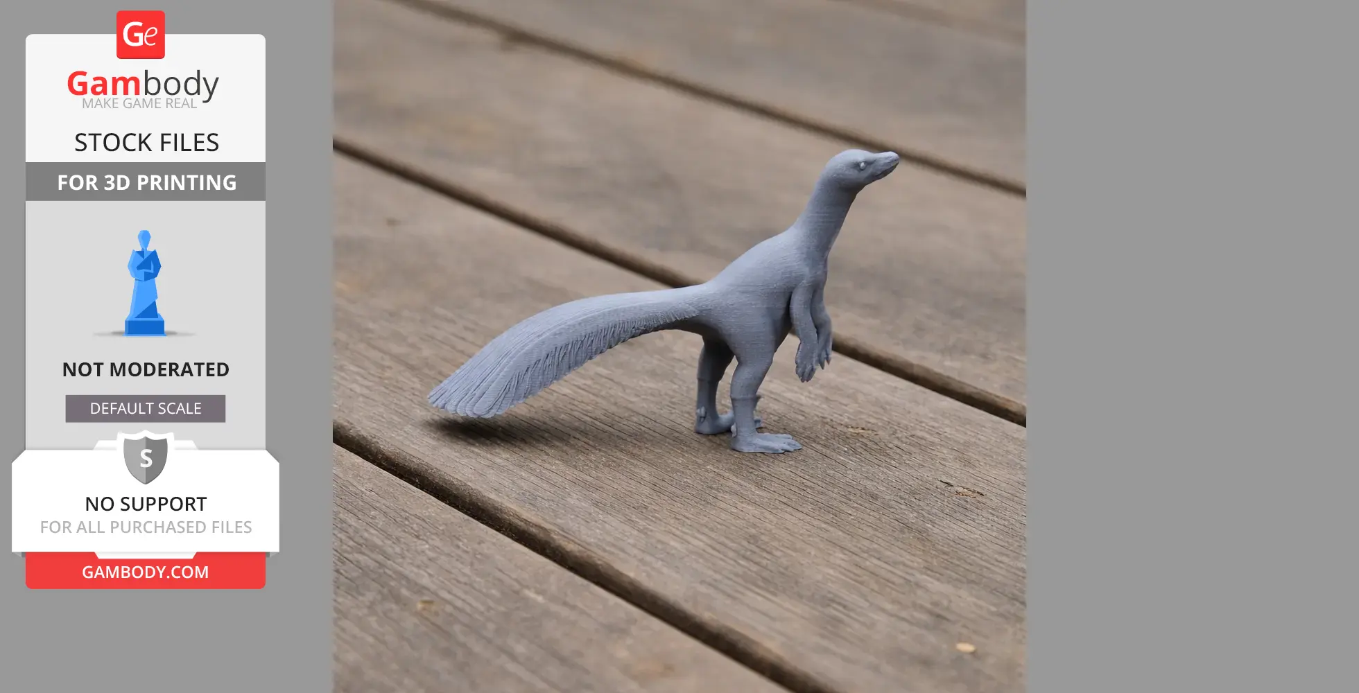 Gray 3D-printed model of a Tsaagan dinosaur standing on a wooden surface.