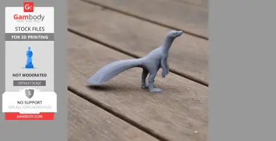 Gray 3D-printed model of a Tsaagan dinosaur standing on a wooden surface.