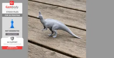 A 3D print model of a Tsintaosaurus dinosaur on a wooden surface.
