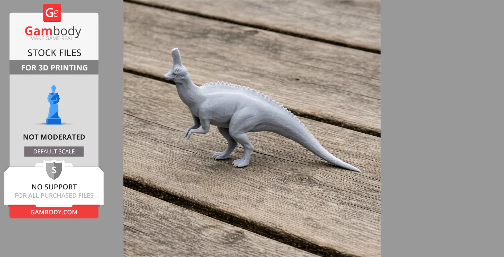 A 3D print model of a Tsintaosaurus dinosaur on a wooden surface.