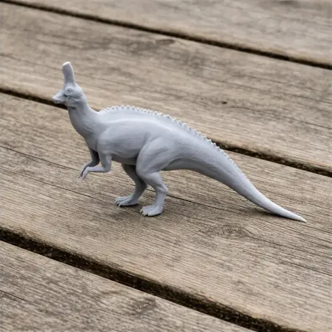 3D printed Tsintaosaurus model with crest on wooden surface.