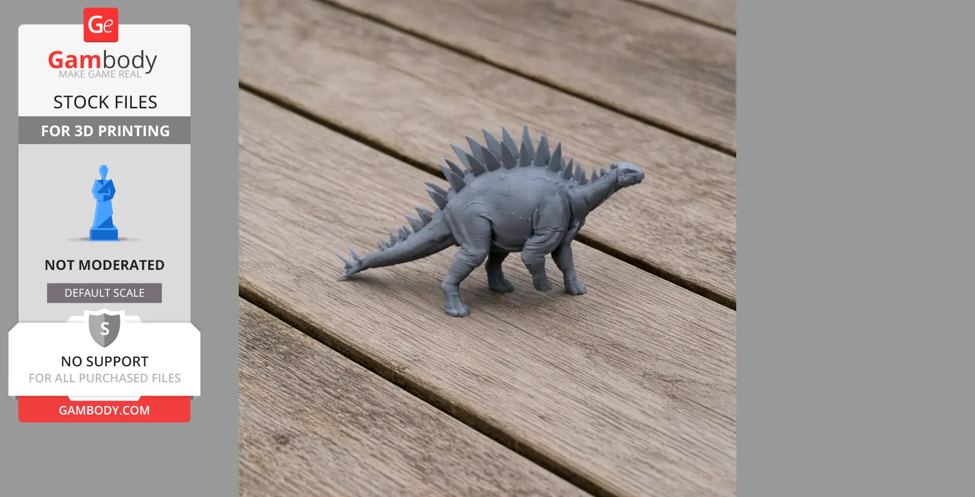 A 3D-printed gray model of a Tuojiangosaurus with distinctive back spikes, displayed on a wooden surface.