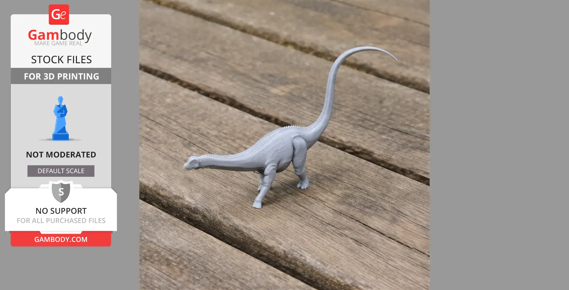 Gray 3D-printed model of a long-necked dinosaur on a wooden surface.