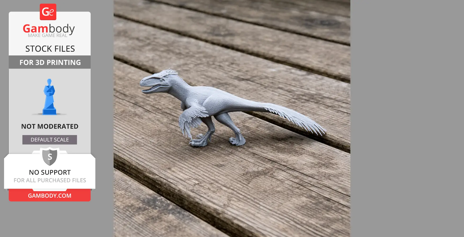 A detailed 3D-printed Utahraptor model standing on wooden planks.