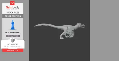 3D model of a Utahraptor with feathers and an open mouth, posed in mid-stride for printing.