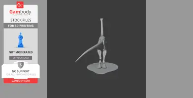 A 3D model of Valdoraptor, a dinosaur-like creature with a long neck and tail, standing on a base.