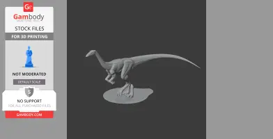 A 3D model of a Valdoraptor dinosaur with a long tail, poised on a base, designed for 3D printing.
