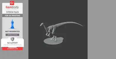 3D model of a Valdoraptor dinosaur on a base, showcasing detailed limbs and elongated tail.
