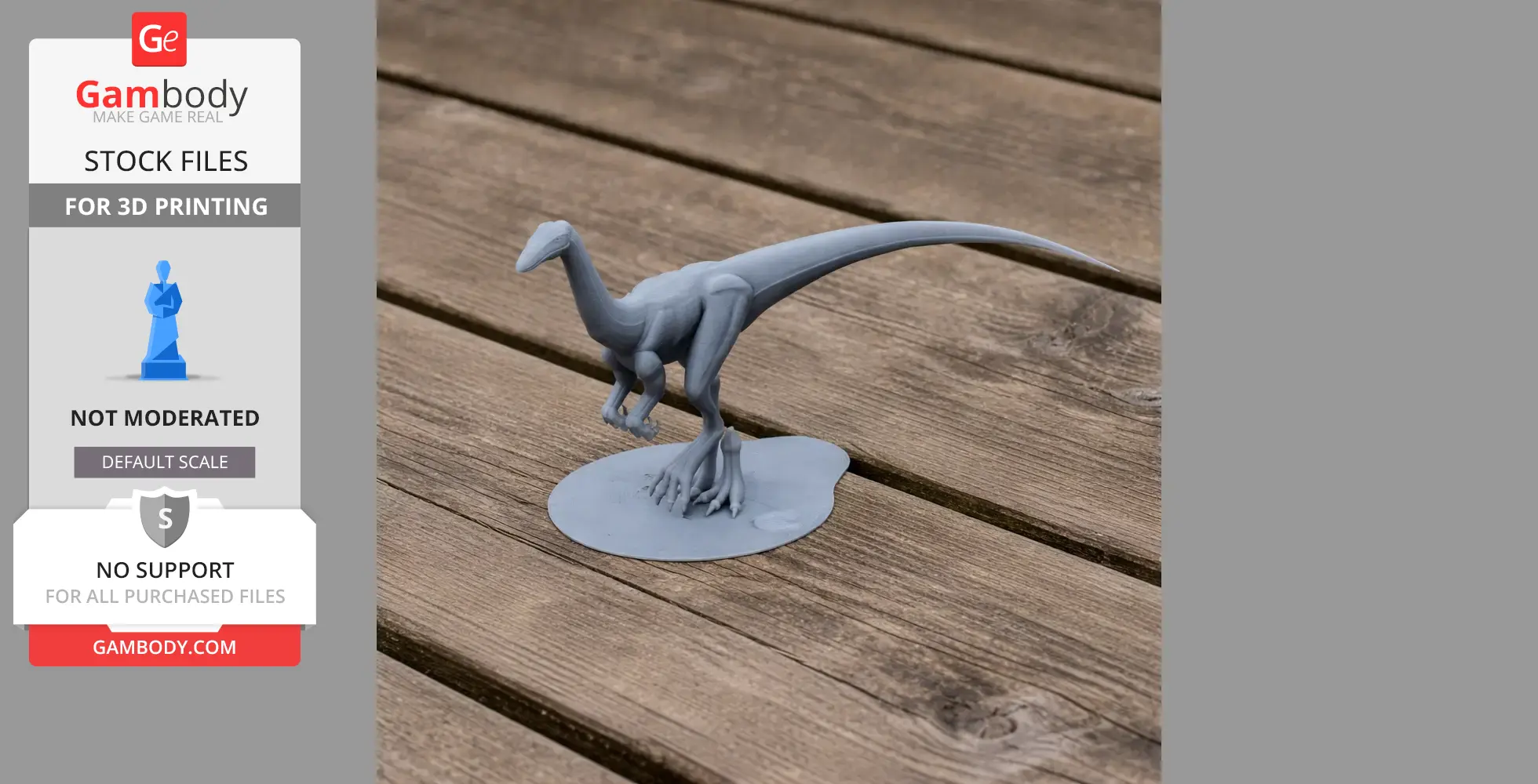 Gray 3D-printed dinosaur model, Valdoraptor, on a wooden surface.