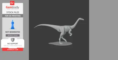 A sleek, upright dinosaur model with a long tail and slender limbs on a base, designed for 3D printing.