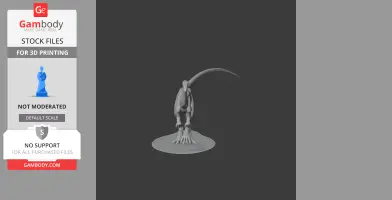 A 3D model of a Valdoraptor with a long tail, standing on a circular base, designed for 3D printing.