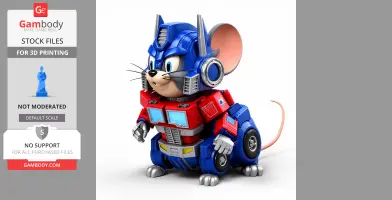 A 3D figure of a cartoon mouse combined with a robot design, featuring armor and mechanical elements.