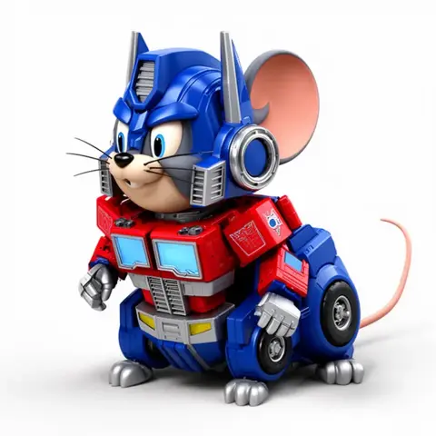Mashup figure of a mouse with Optimus Prime's robotic armor and distinct color scheme.