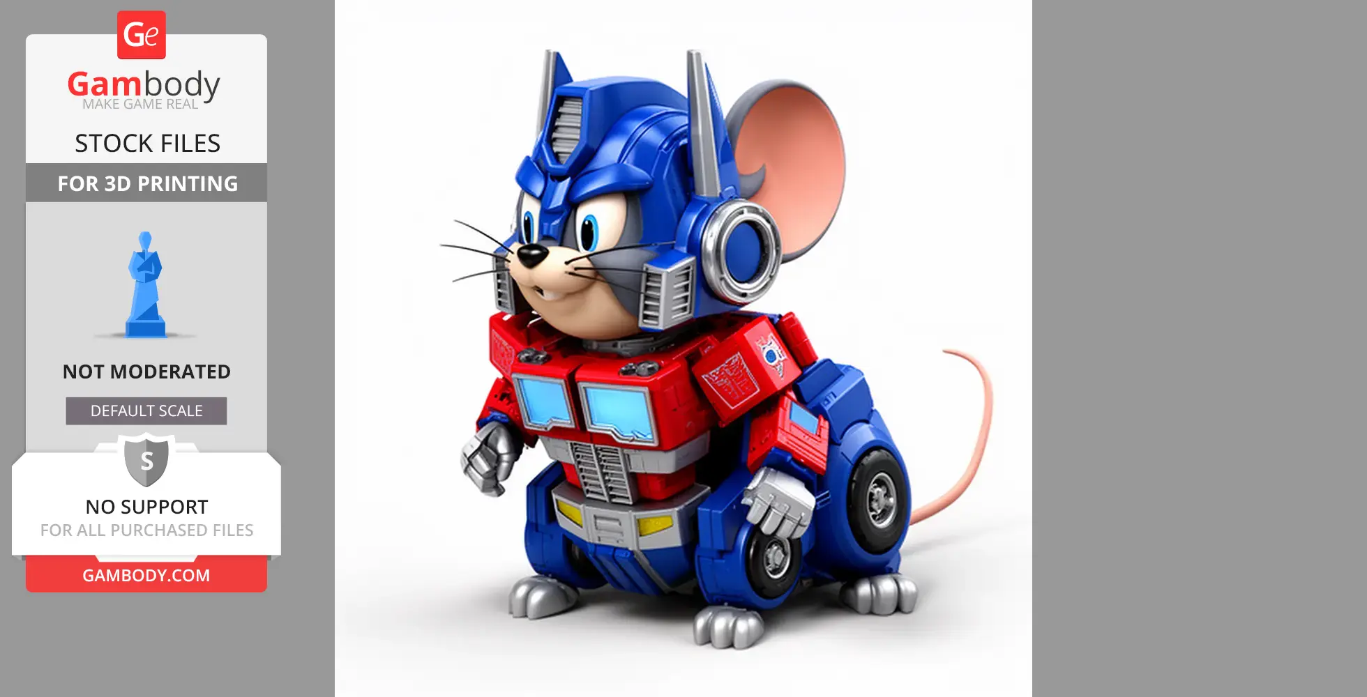 A 3D figure of a cartoon mouse combined with a robot design, featuring armor and mechanical elements.