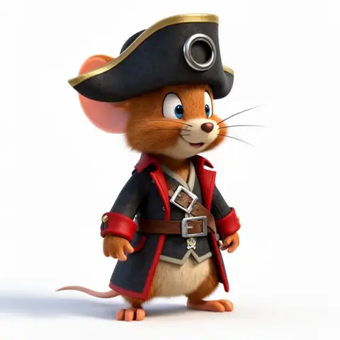 Cartoon mouse dressed as a pirate with a black hat, red coat, and belt.