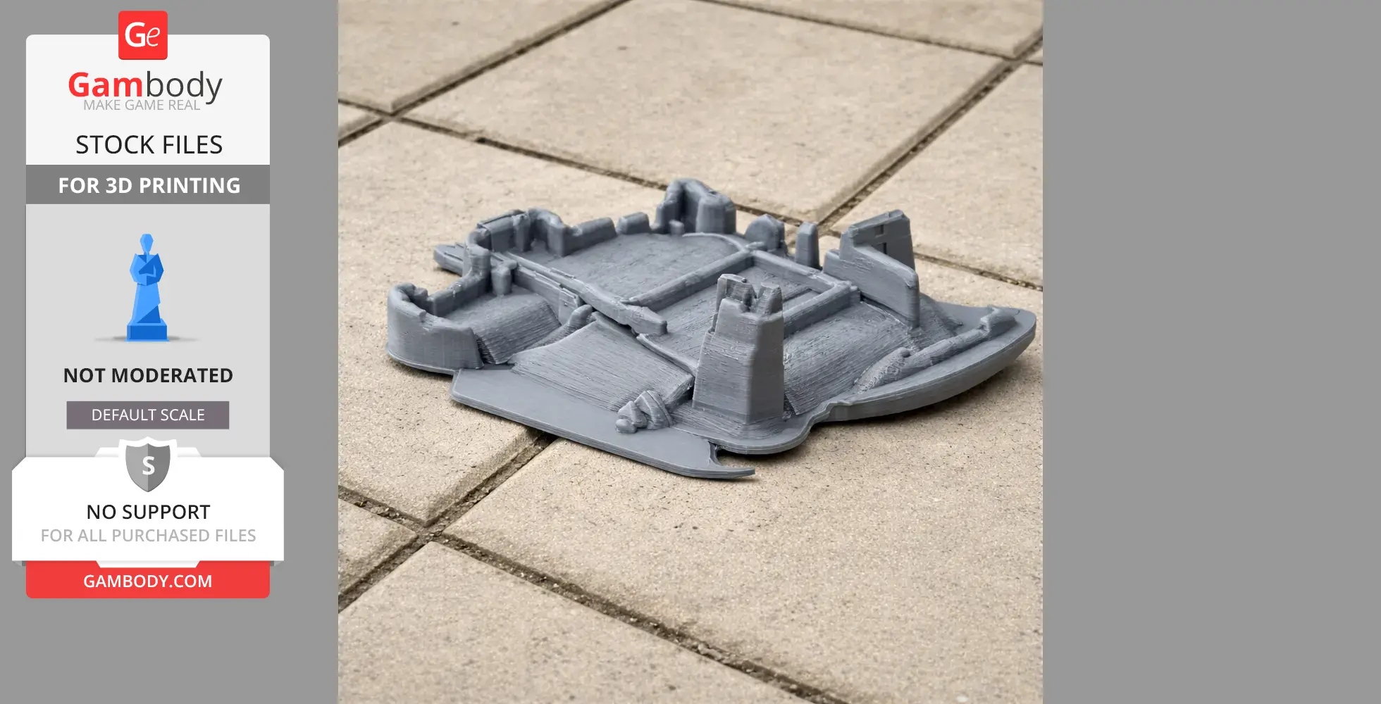 A 3D printed model of a castle layout with walls and towers, shown on a tiled surface.