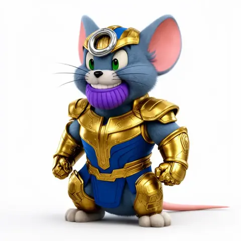 Cartoon mouse in gold armor, with purple chin and helmet, resembling a superhero villain mashup.
