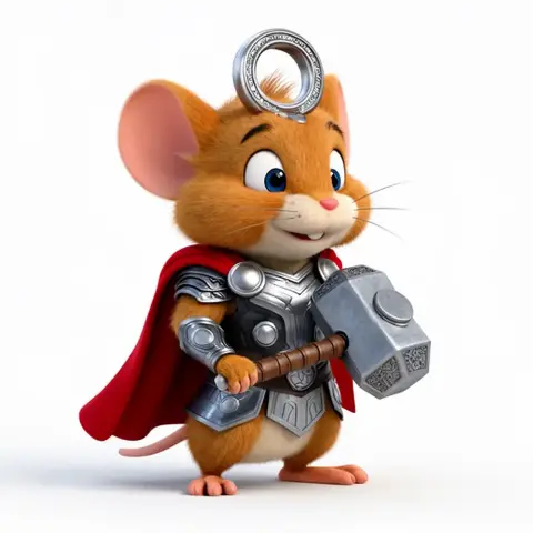Cartoon mouse dressed as Thor with armor, red cape, and hammer, wearing a ring on its head.